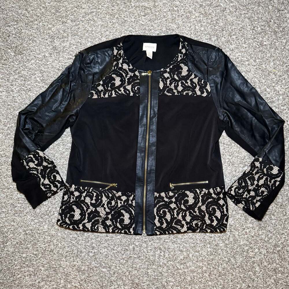 Chico’s Black Lace Moto Jacket Faux Leather Sleeves Distressed Women’s Medium